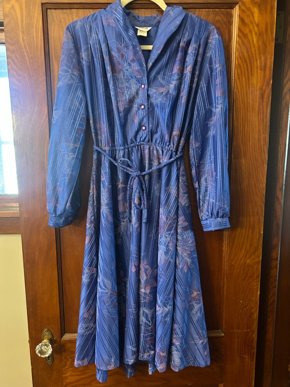 Vintage 80's Montgomery Ward Blue Floral Long Sleeve Midi Dress Size 14